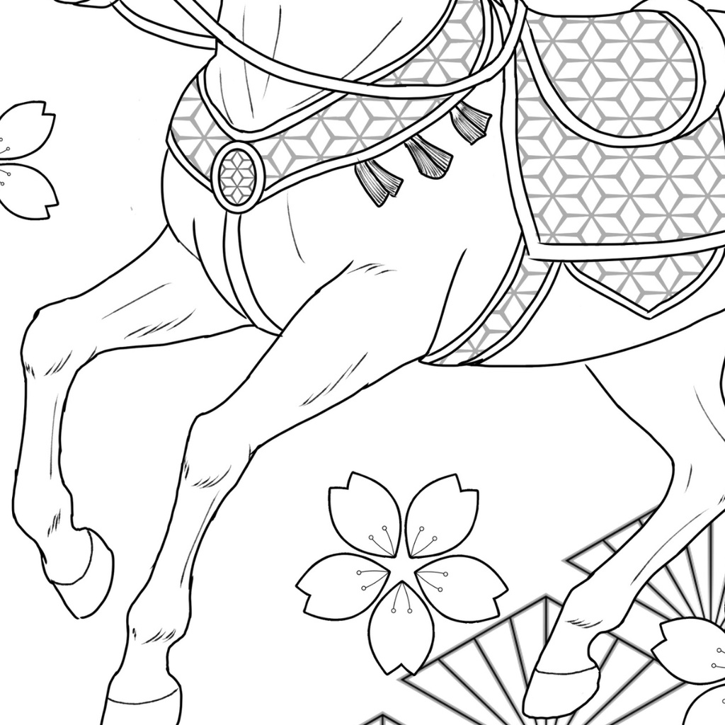午年 馬2 Japanese Zodiac Horse2 ぬりえページ | 十二支・和風 | PDF PNG 収録 | 手描きラインアート