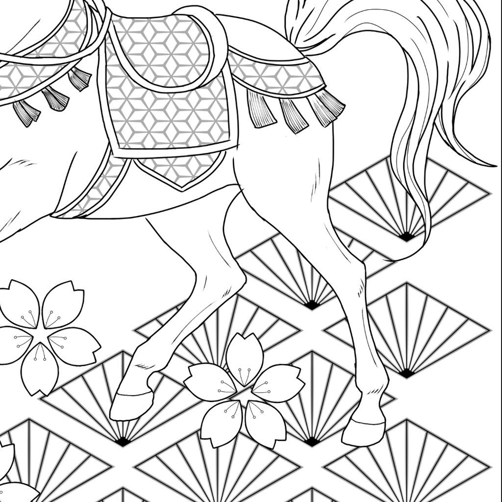 午年 馬2 Japanese Zodiac Horse2 ぬりえページ | 十二支・和風 | PDF PNG 収録 | 手描きラインアート