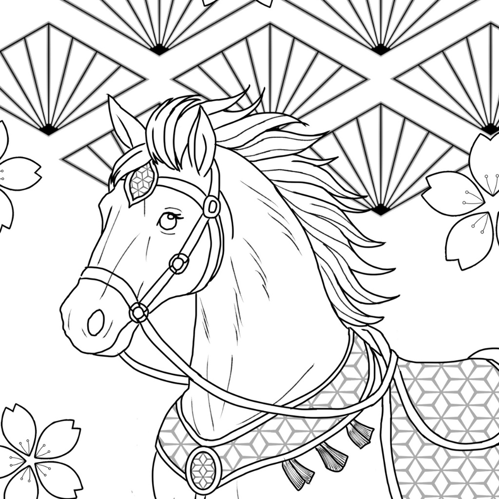午年 馬2 Japanese Zodiac Horse2 ぬりえページ | 十二支・和風 | PDF PNG 収録 | 手描きラインアート