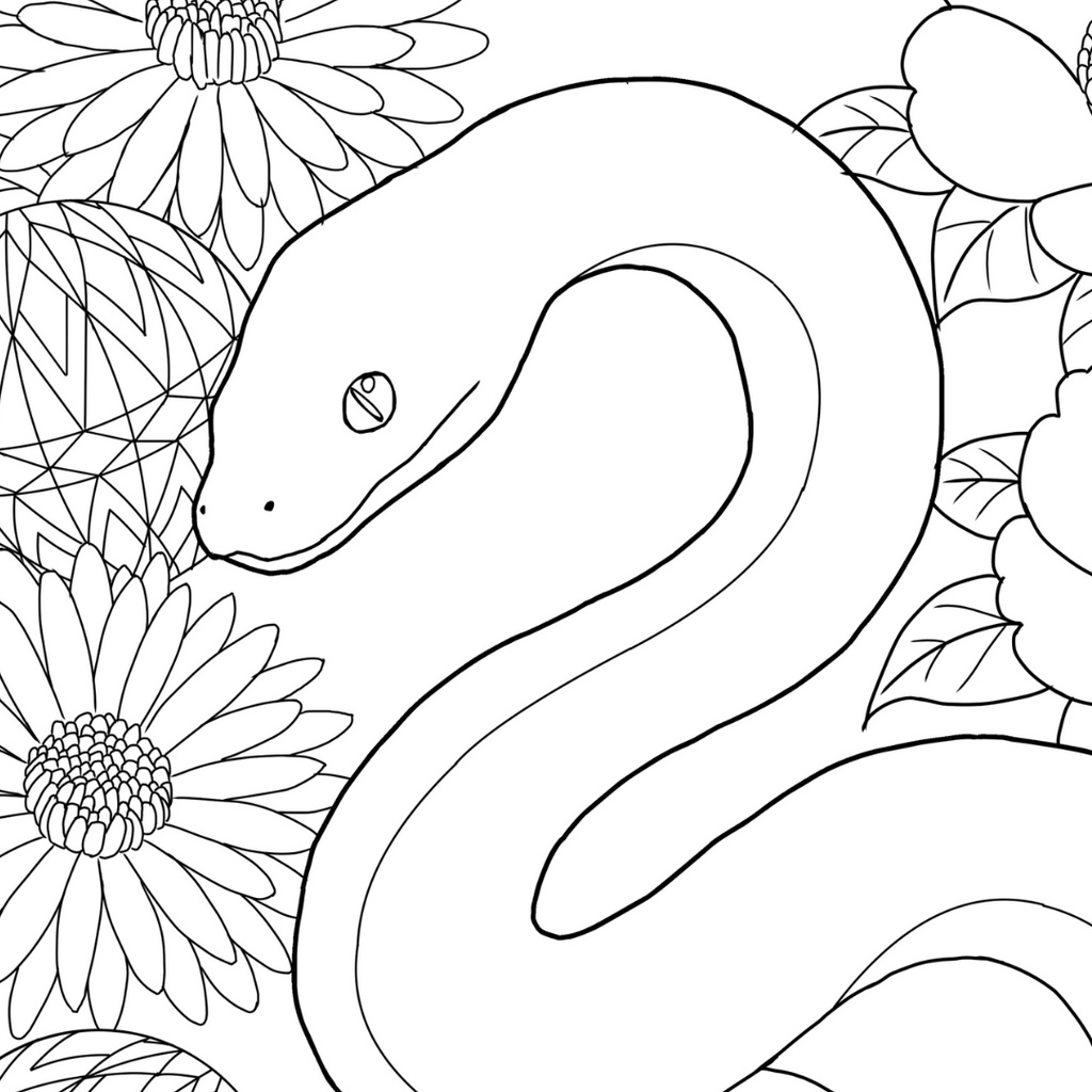 巳年 蛇 Japanese Zodiac Snake ぬりえページ | 十二支・和風 | PDF PNG 収録 | 手描きラインアート