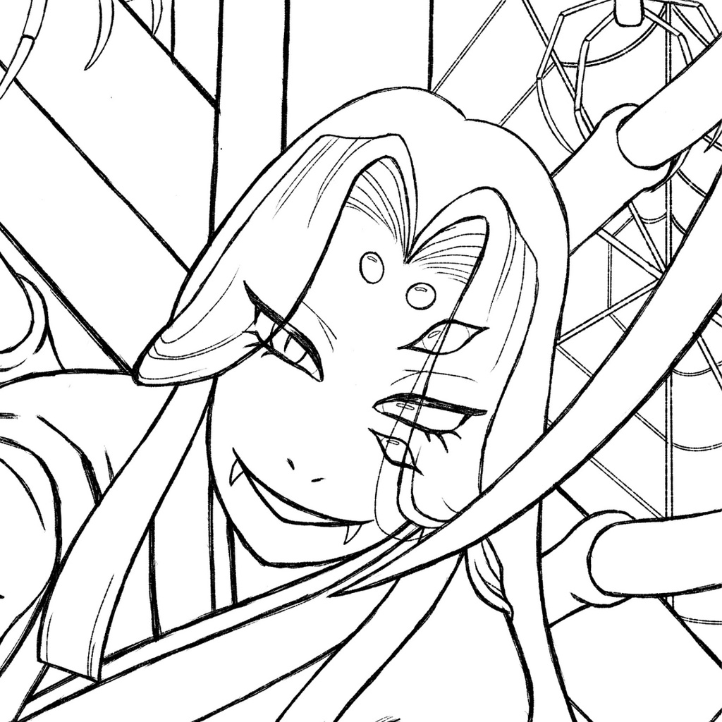 女郎蜘蛛 jorogumo ぬりえページ | 日本の妖怪 | PDF PNG 収録 | 手描きラインアート