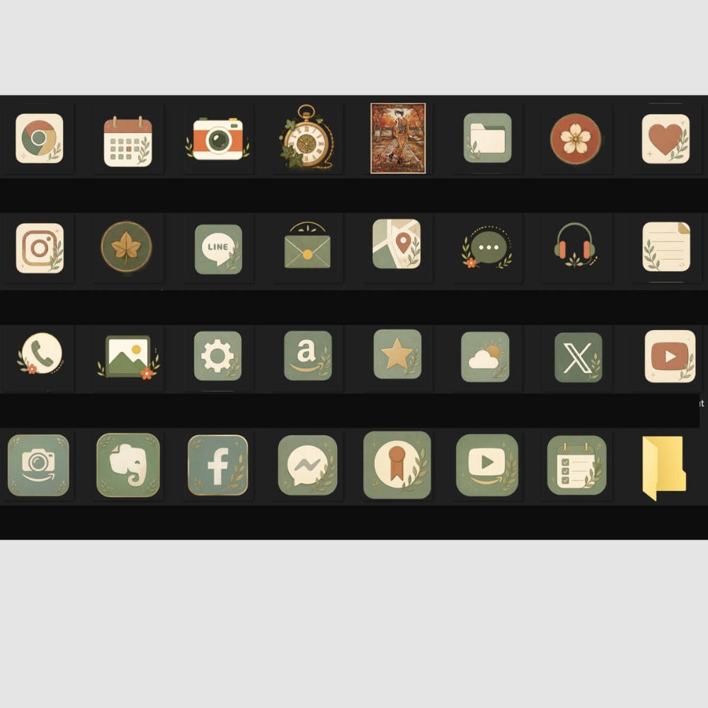 Antique Gold & Botanical Icon Set【アイコン31種+フレーム3種+壁紙4色】iPhoneホーム画面カスタマイズ