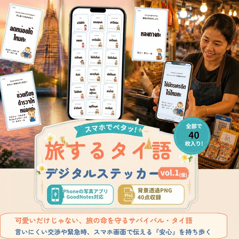 スマホでペタッと安心！旅するタイ語・サバイバルお役立ちデジタルステッカー（全40種＋おまけアイコン付き）