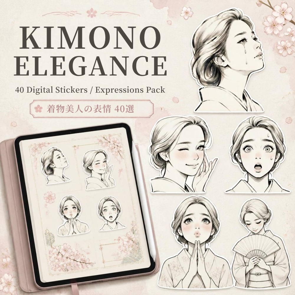 Digital Sticker】Japanese Kimono Girl - 40 Expressions Pack (Goodnotes / Journaling / PNG)｜和風・着物美人の感情・ポーズステッカー40選