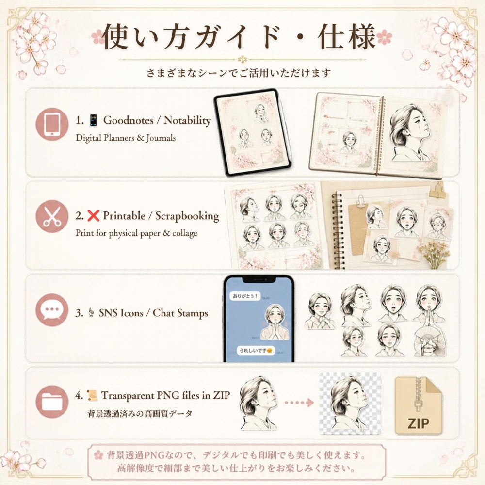 Digital Sticker】Japanese Kimono Girl - 40 Expressions Pack (Goodnotes / Journaling / PNG)|和風・着物美人の感情・ポーズステッカー40選