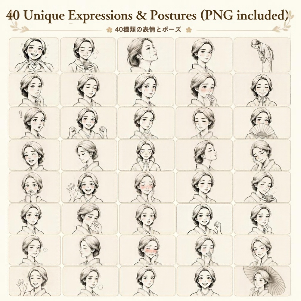 Digital Sticker】Japanese Kimono Girl - 40 Expressions Pack (Goodnotes / Journaling / PNG)|和風・着物美人の感情・ポーズステッカー40選