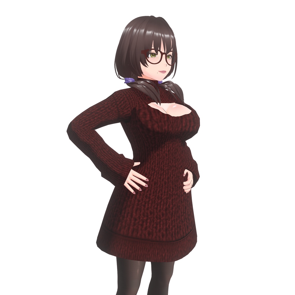 【VRoid用】胸開きニットワンピース - ボルドー / Cozy Knit Keyhole Sweater Dress - Burgundy