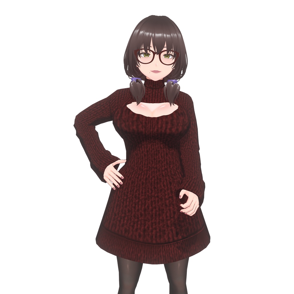 【VRoid用】胸開きニットワンピース - ボルドー / Cozy Knit Keyhole Sweater Dress - Burgundy