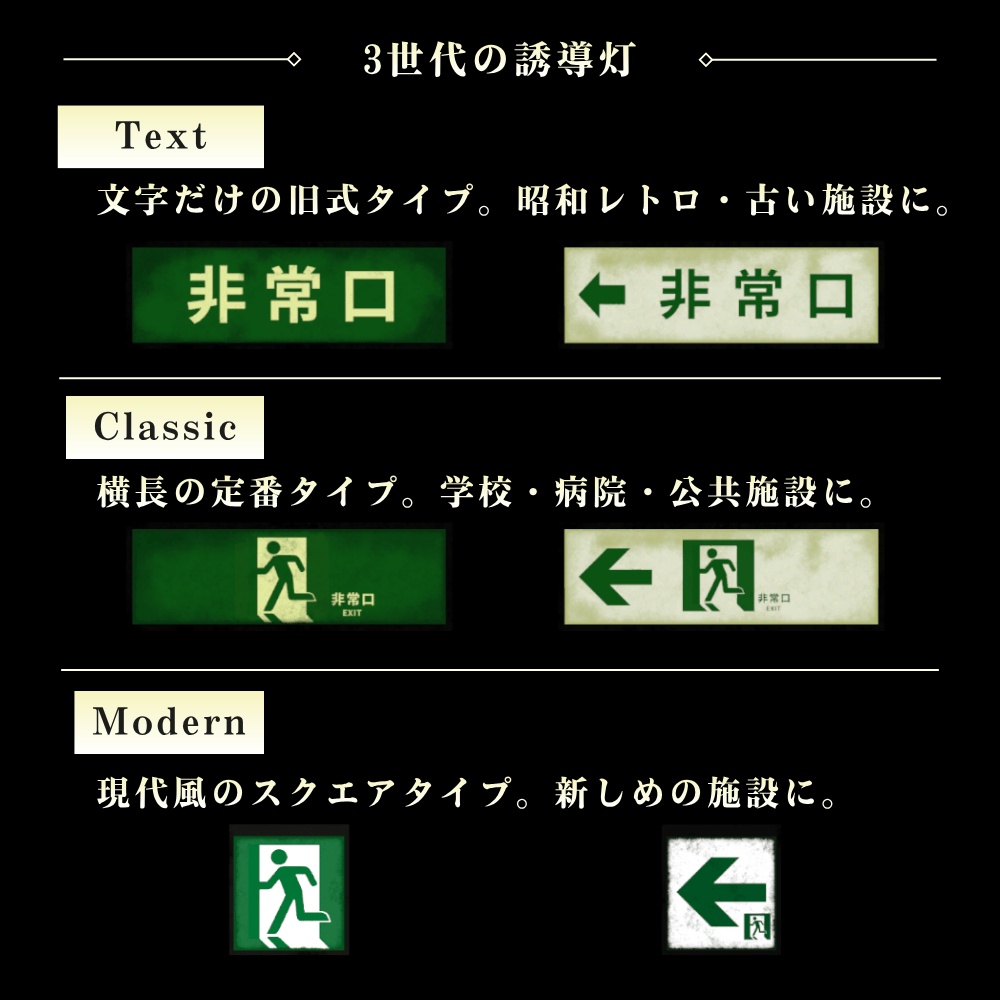 【VRChat向け】古びた非常口誘導灯セット / Old Emergency Exit Sign Set
