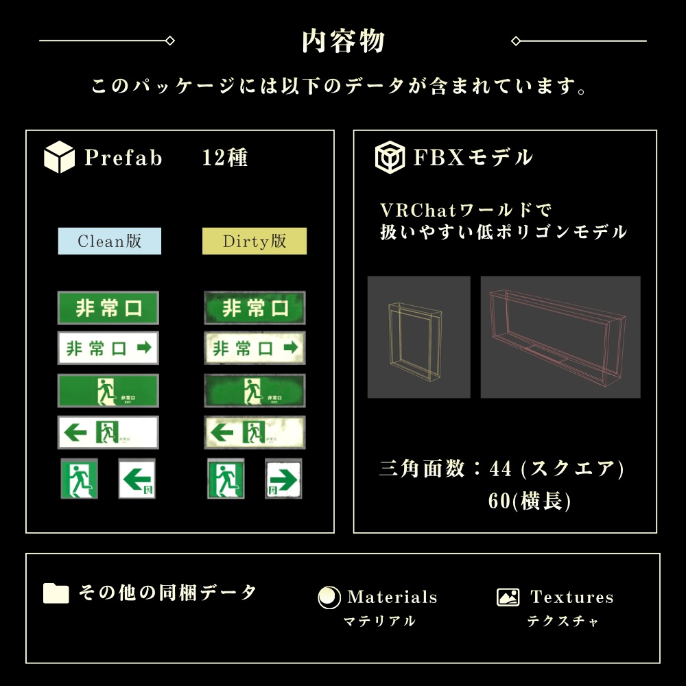 【VRChat向け】古びた非常口誘導灯セット / Old Emergency Exit Sign Set