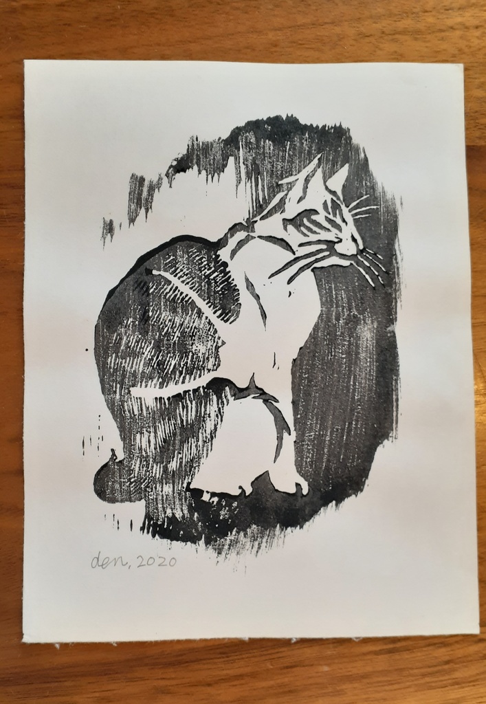 木版画　座る猫