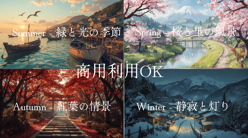 ブログ・YouTubeサムネに使えるAIアート　日本の春風景 水彩画タッチシリーズ（商用利用OK・4枚セット）