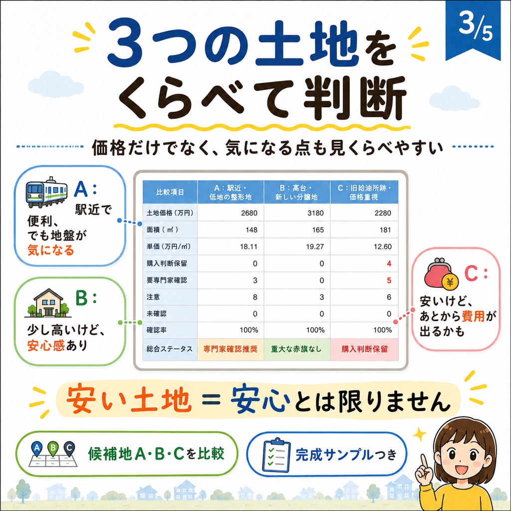 その土地、本当に買って大丈夫?|土地購入前チェックシート【92項目・3候補比較】