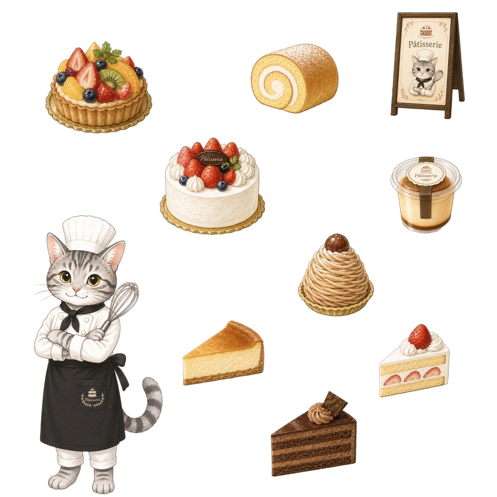 パン屋さんとケーキ屋さん パターン8種 猫 デジタルペーパー