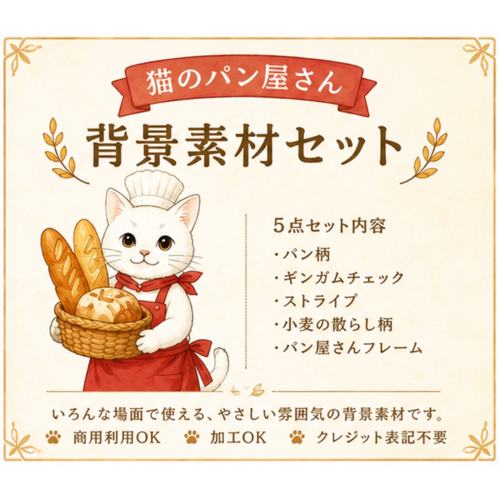 背景素材セット　猫のパン屋さん　５パターン
