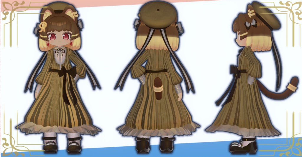 【9アバター対応】レトロで瀟洒なストライプロングワンピース