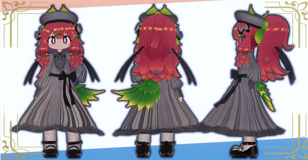 【9アバター対応】レトロで瀟洒なストライプロングワンピース