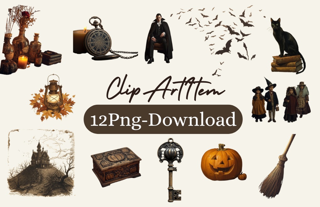 アンティーク調ハロウィンクリップアート12点セット