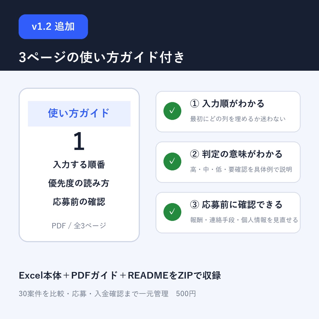 副業案件比較・応募管理シート v1.2|30案件をExcelで一元管理