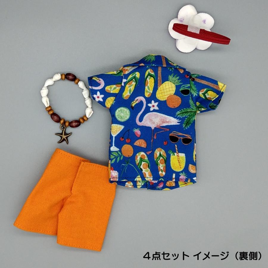 フラミンゴとチェリー・フルーツ柄Set(コバルトブルー)