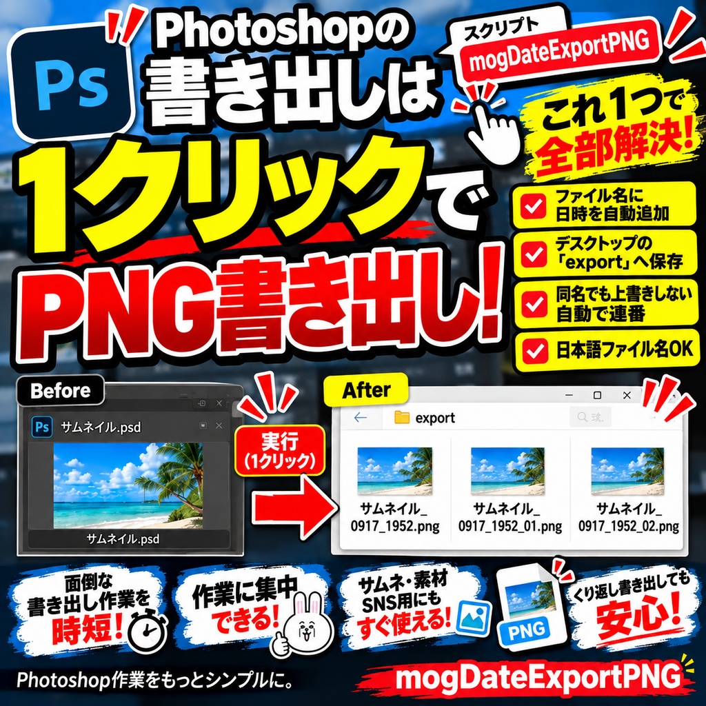 【Photoshop時短】1クリックで日時付きPNG自動書き出し｜mogDateExportPNG【JSXスクリプト】