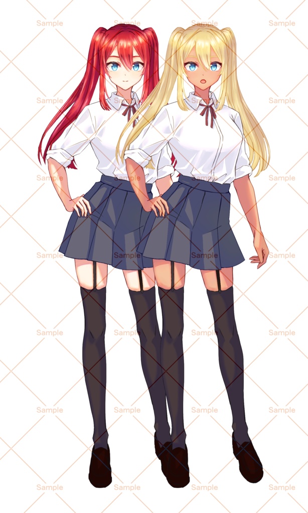 【無料版有り】TRPG/立ち絵/ゲーム/赤髪の女の子/JK/女子高生/金髪/ツインテール/制服/学生/ニーソ/ギャル/褐色