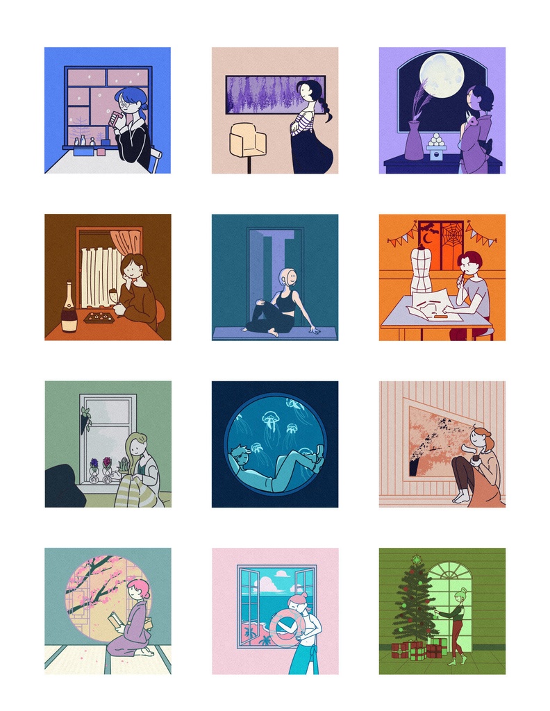 【手帳シール】12枚オールシーズンイラストシールB6　ビビットカラー