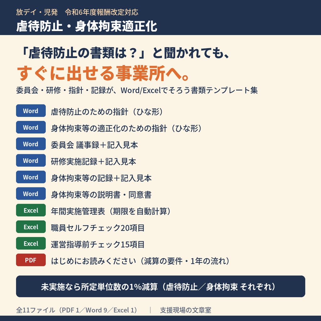 放デイ・児発 虐待防止・身体拘束適正化 書類テンプレート集｜委員会議事録・研修記録・指針・身体拘束の記録（令和6年度報酬改定対応）