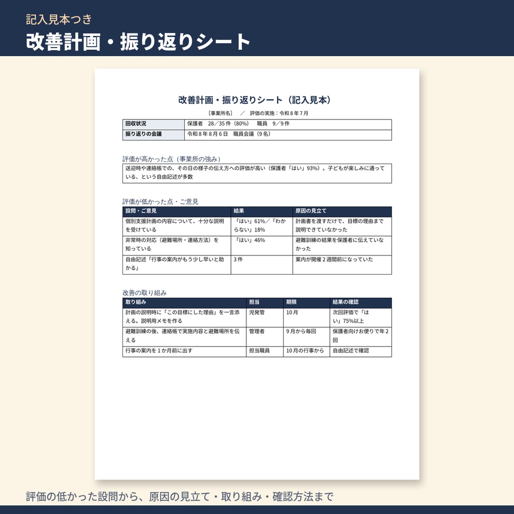 【無料サンプル】放デイ・児発 自己評価・保護者評価 実施・公表キット|改善計画・公表用まとめの記入見本