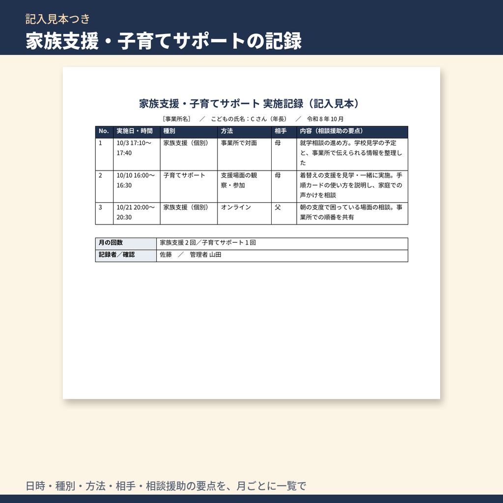 放デイ・児発 加算の計画と記録 テンプレート集|専門的支援実施計画・家族支援・関係機関連携・延長支援の記録と月次チェック表(令和6年度報酬改定対応)