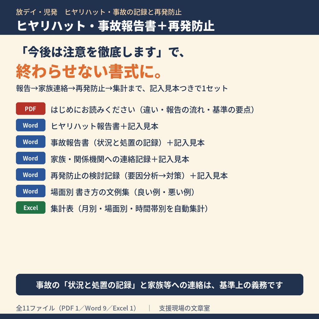放デイ・児発 ヒヤリハット・事故報告書＋再発防止 テンプレート集｜報告書・家族連絡記録・再発防止の検討記録・文例集・Excel集計表（令和6年度報酬改定対応）