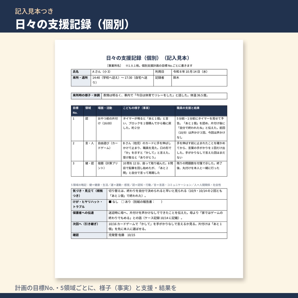 放デイ・児発 支援記録 テンプレート集|日々の記録(個別・一覧)・ケース記録・送迎記録+文例70本・未記入チェック表(令和6年度報酬改定対応)