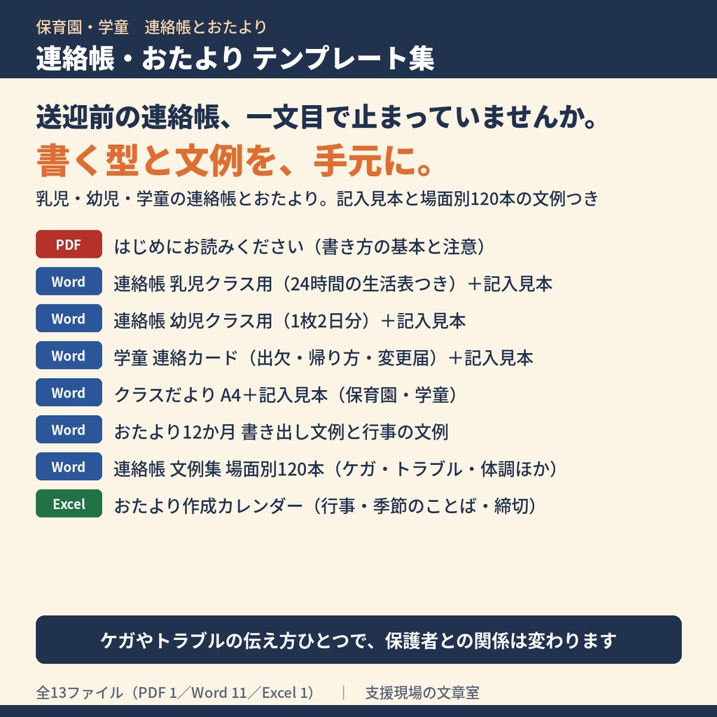 保育園・学童 連絡帳・おたより テンプレート集｜乳児・幼児・学童の連絡帳とクラスだより（記入見本・場面別文例120本つき）