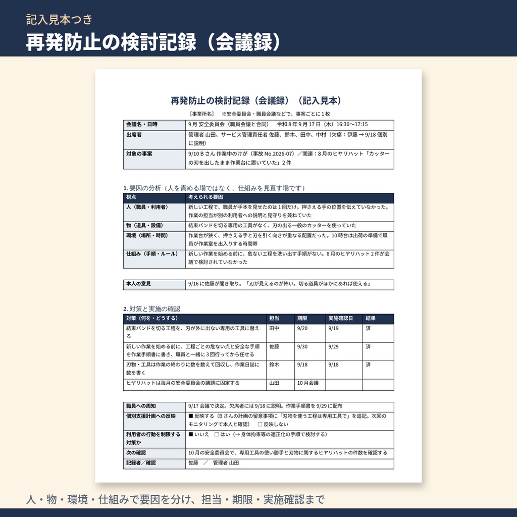 障害福祉 生活介護・就労系 事故報告書・ヒヤリハット+再発防止 テンプレート集|事故報告書・連絡記録・再発防止の会議録・文例112本・Excel集計表