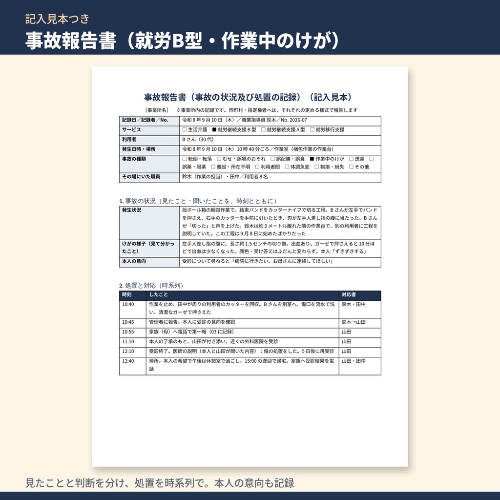 障害福祉 生活介護・就労系 事故報告書・ヒヤリハット+再発防止 テンプレート集|事故報告書・連絡記録・再発防止の会議録・文例112本・Excel集計表
