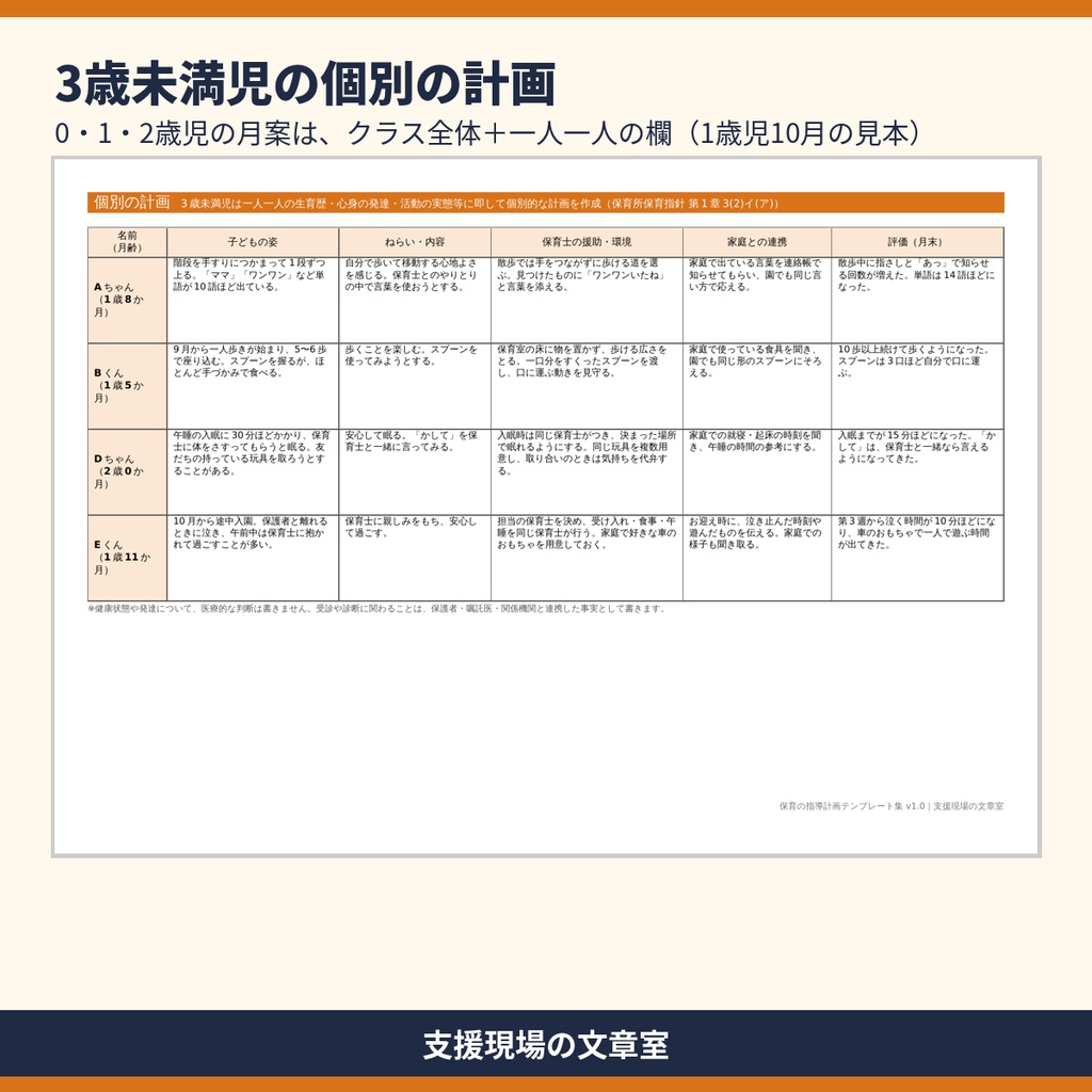 保育所・認定こども園 指導計画 テンプレート集|年間指導計画・月案・週案・日案・記入見本つき(Word・Excel)