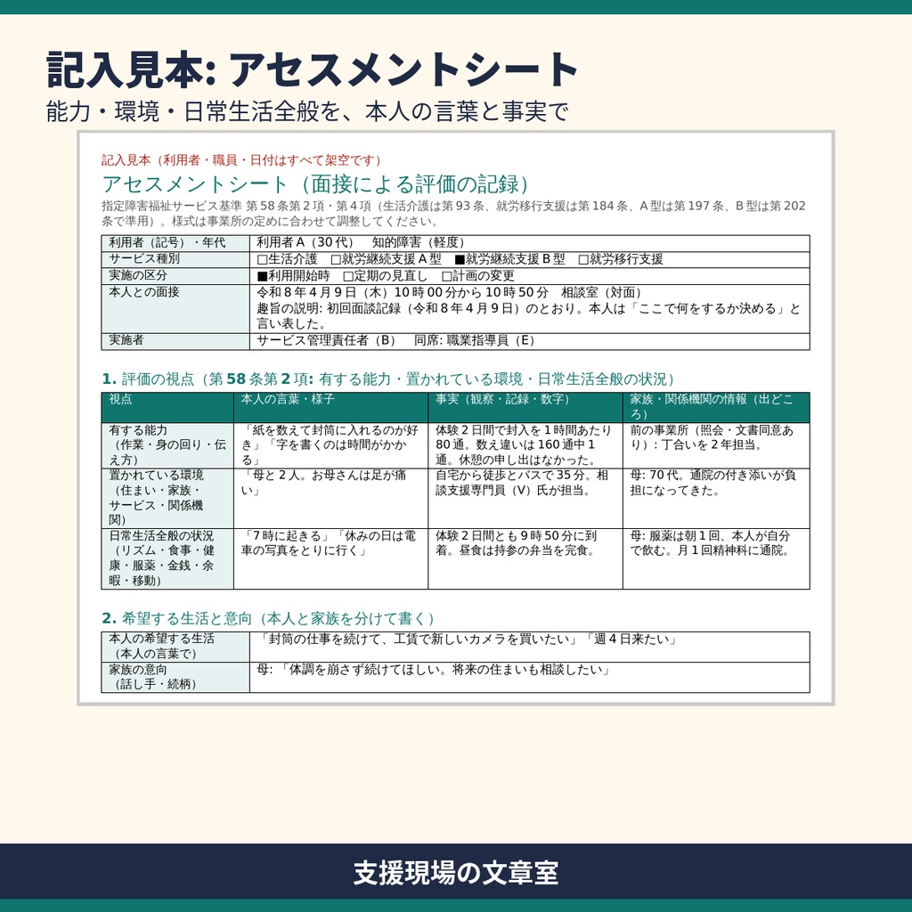 生活介護・就労系 サビ管のアセスメント・面談・個別支援会議 記録テンプレート集|記入見本つき(Word・Excel)