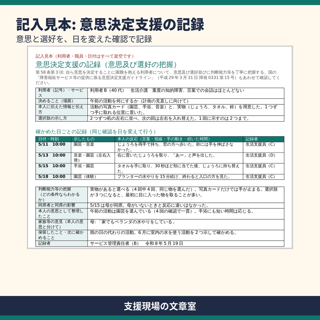 生活介護・就労系 サビ管のアセスメント・面談・個別支援会議 記録テンプレート集|記入見本つき(Word・Excel)