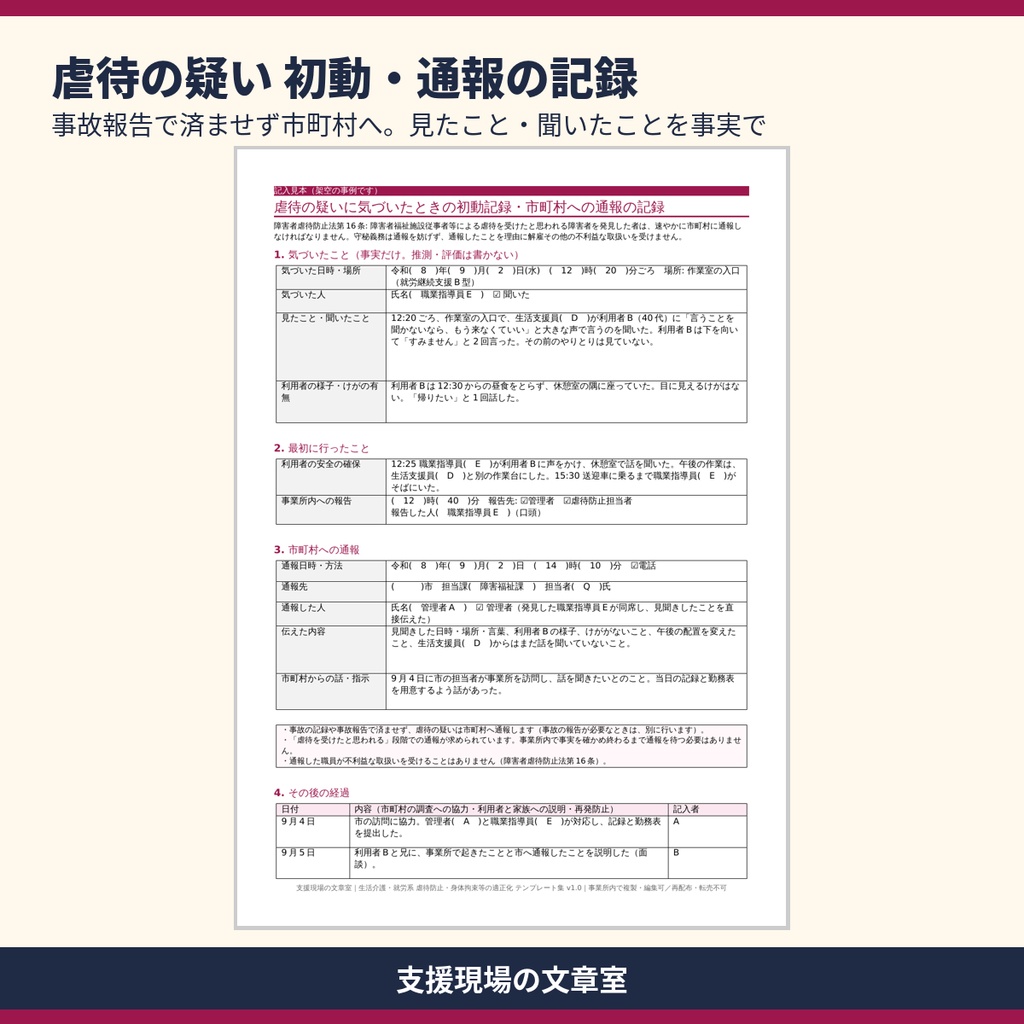 生活介護・就労系 虐待防止・身体拘束適正化 テンプレート集|議事録・研修記録・指針・通報の記録・記入見本つき