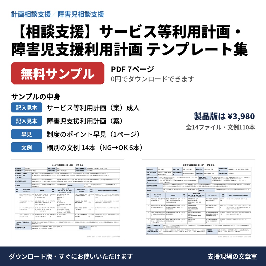 【無料サンプル】相談支援 サービス等利用計画・障害児支援利用計画 記入見本と文例