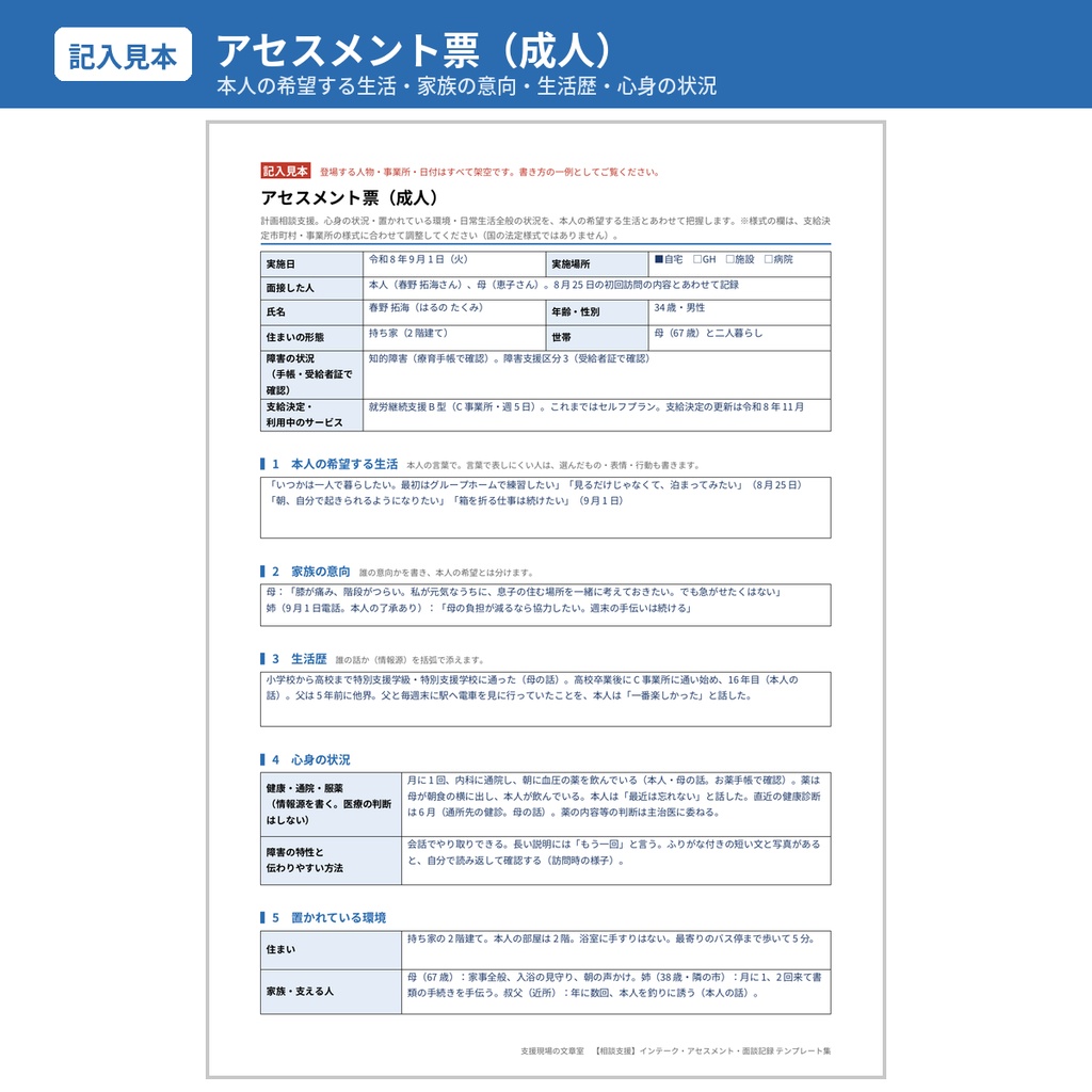 【無料サンプル】相談支援 インテーク・アセスメント・面談記録 記入見本と文例