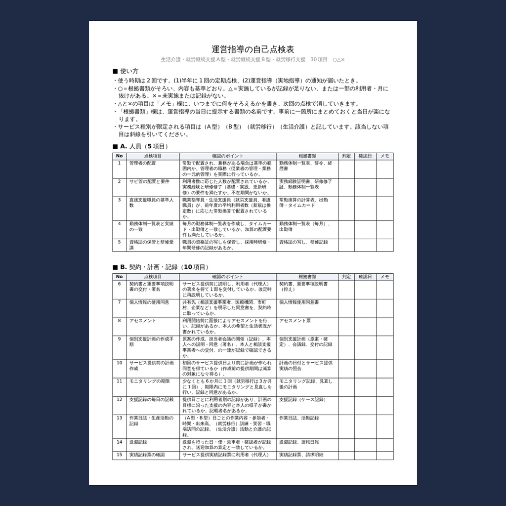 【無料サンプル】生活介護・就労A型B型・就労移行 開業〜初回運営指導 実務パック|運営指導の自己点検表(1ページ目)