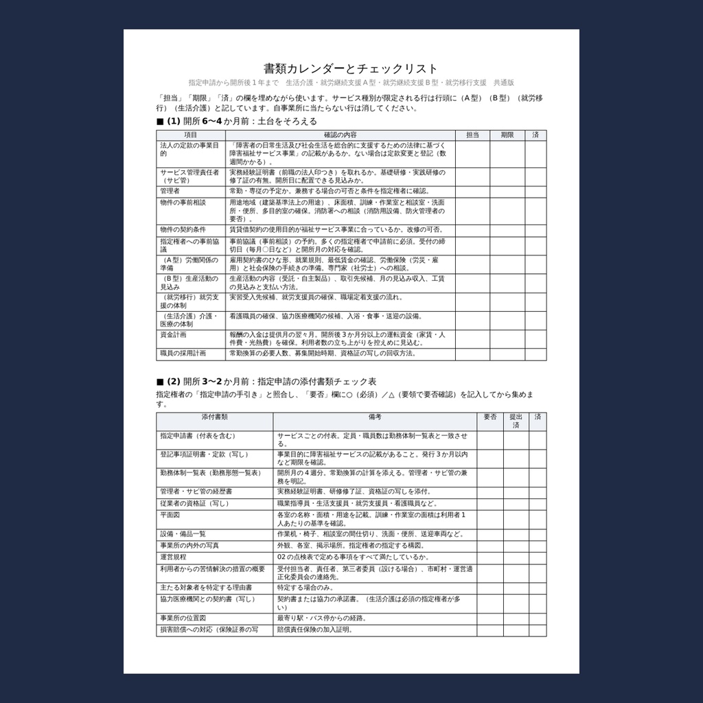 生活介護・就労A型B型・就労移行 開業〜初回運営指導 実務パック|指定申請から開所後1年の書類カレンダー・運営規程・重説・契約書の点検表・運営指導の自己点検表・委員会・作業日誌・工賃台帳・掲示物の様式(Word 10ファイル)生活介護就労継続支援就労移行支援開業運営指導指定申請行政書士障害福祉テンプレート運営規程