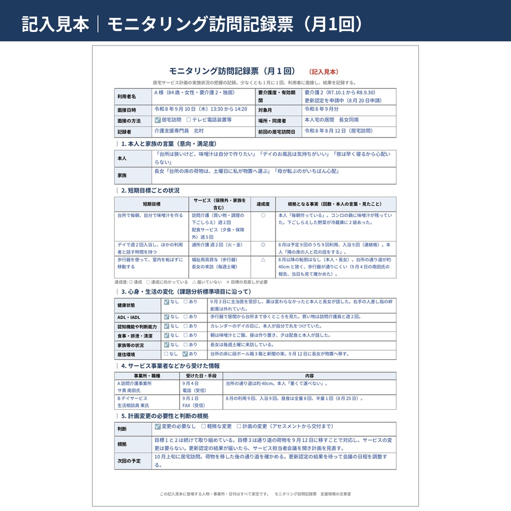 【介護】居宅介護支援経過(第5表)・モニタリング・担当者会議の要点(第4表)様式と記入見本