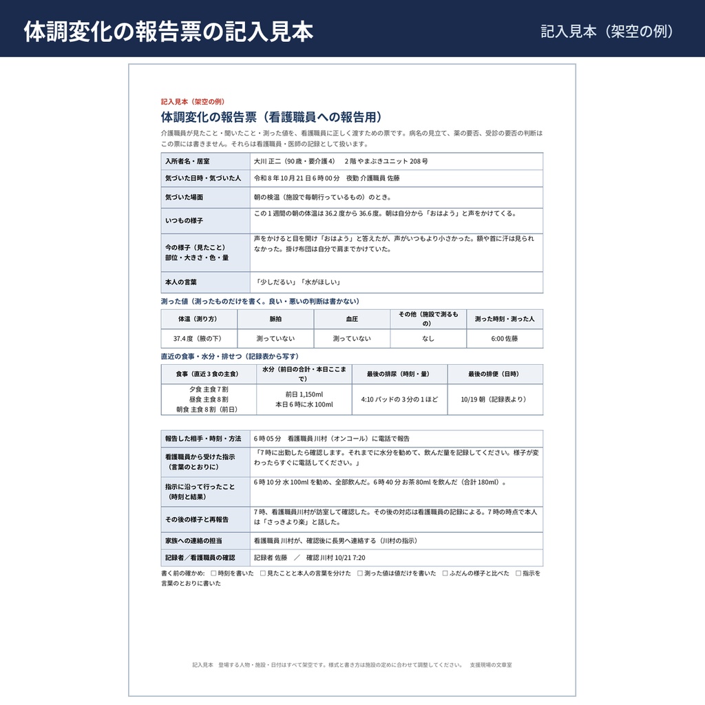 【無料サンプル】【介護】施設の介護記録 様式と記入見本・文例集(ケース記録・体調変化の報告票)