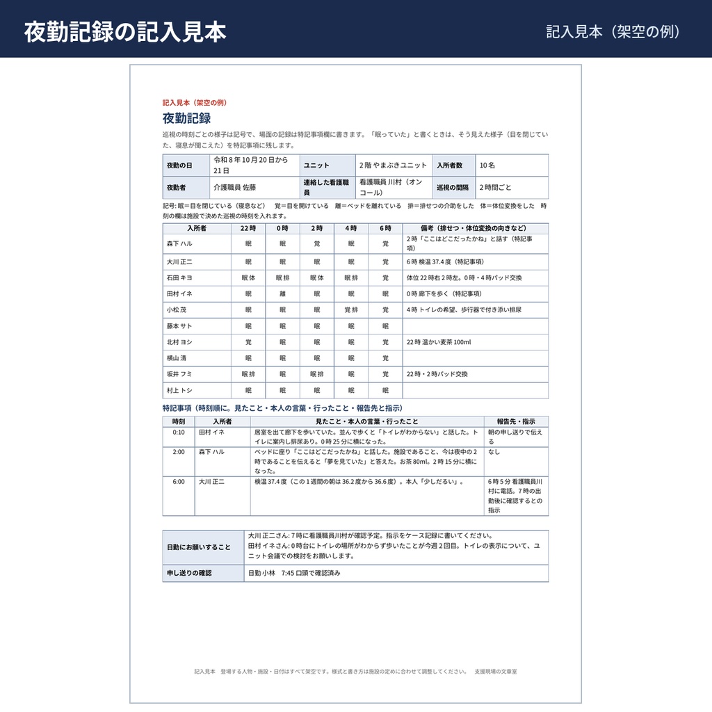 【介護】ケース記録・夜勤記録・申し送り票・身体的拘束等の記録票 Word様式と記入見本・文例111本(特養・老健)