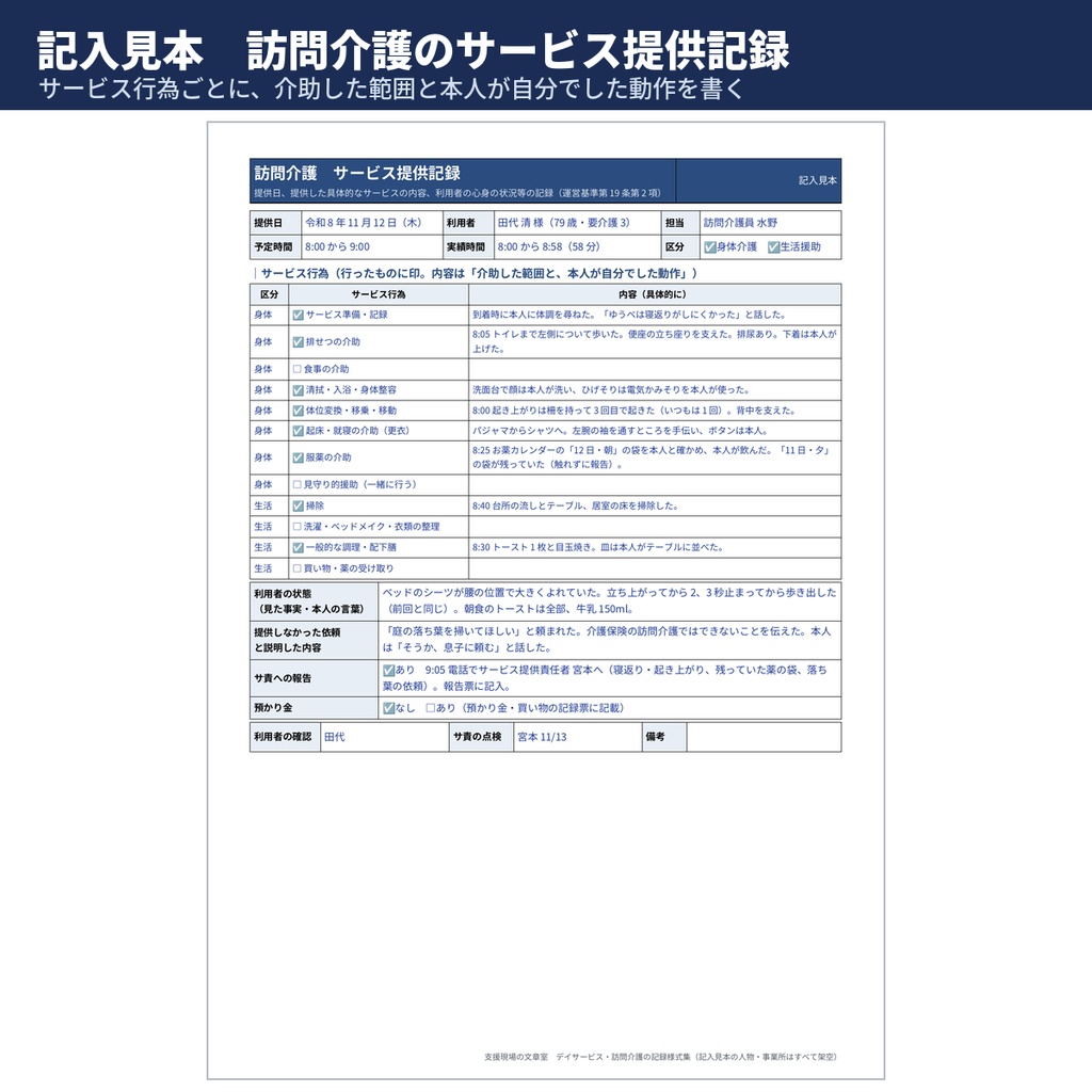 【無料サンプル】デイ・訪問介護の記録様式 記入見本と文例14本