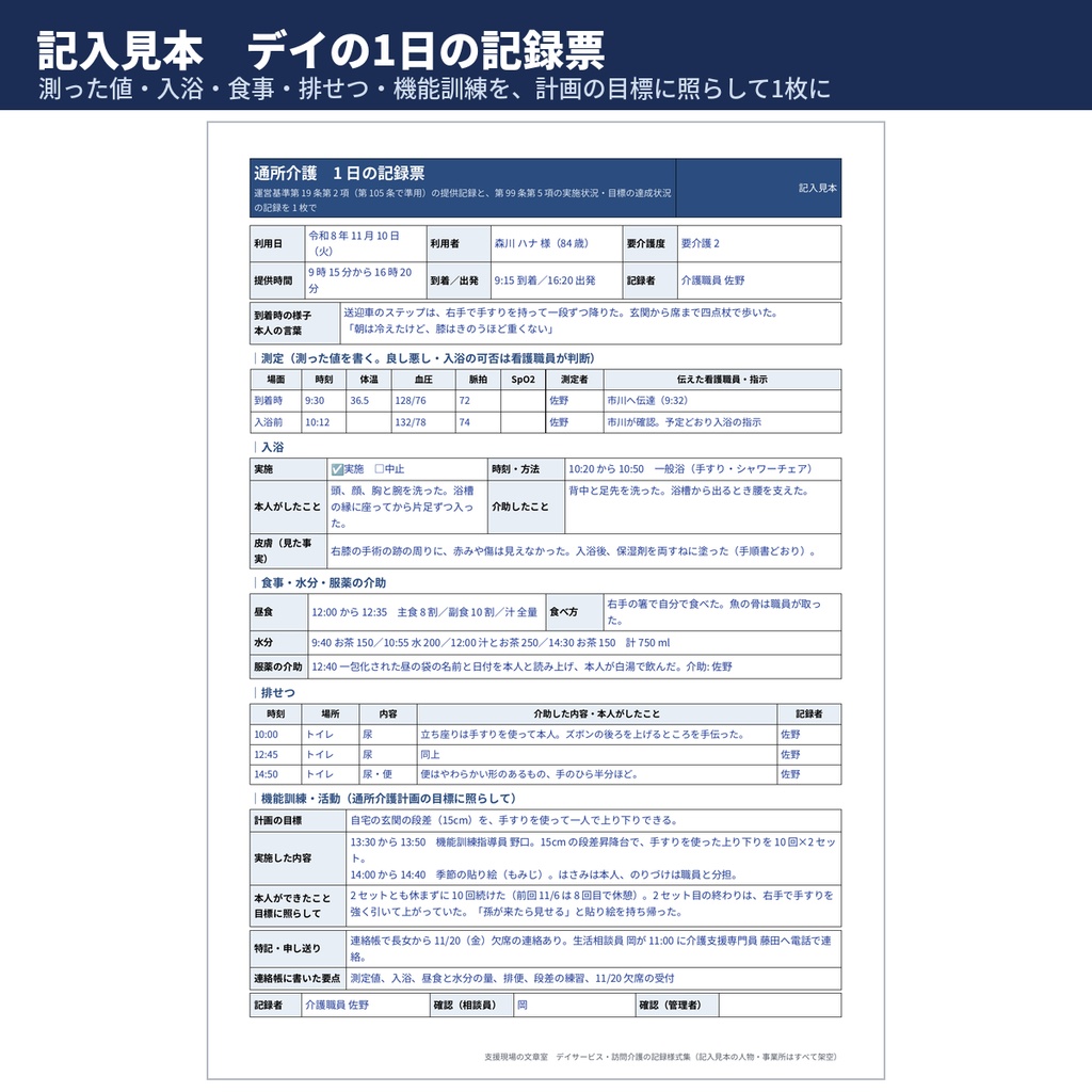 【介護】デイ・訪問介護の記録様式 連絡帳・サービス提供記録・状態変化の報告票 記入見本と文例114本