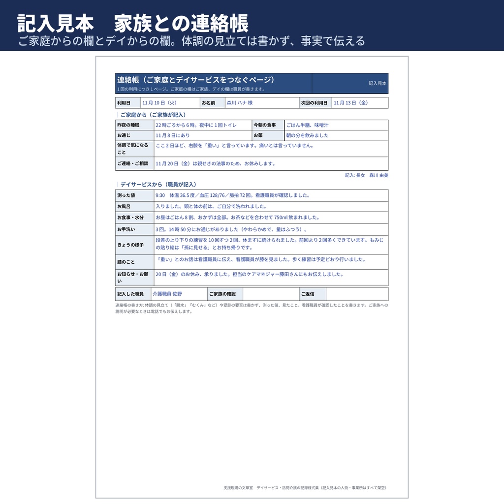 【介護】デイ・訪問介護の記録様式 連絡帳・サービス提供記録・状態変化の報告票 記入見本と文例114本