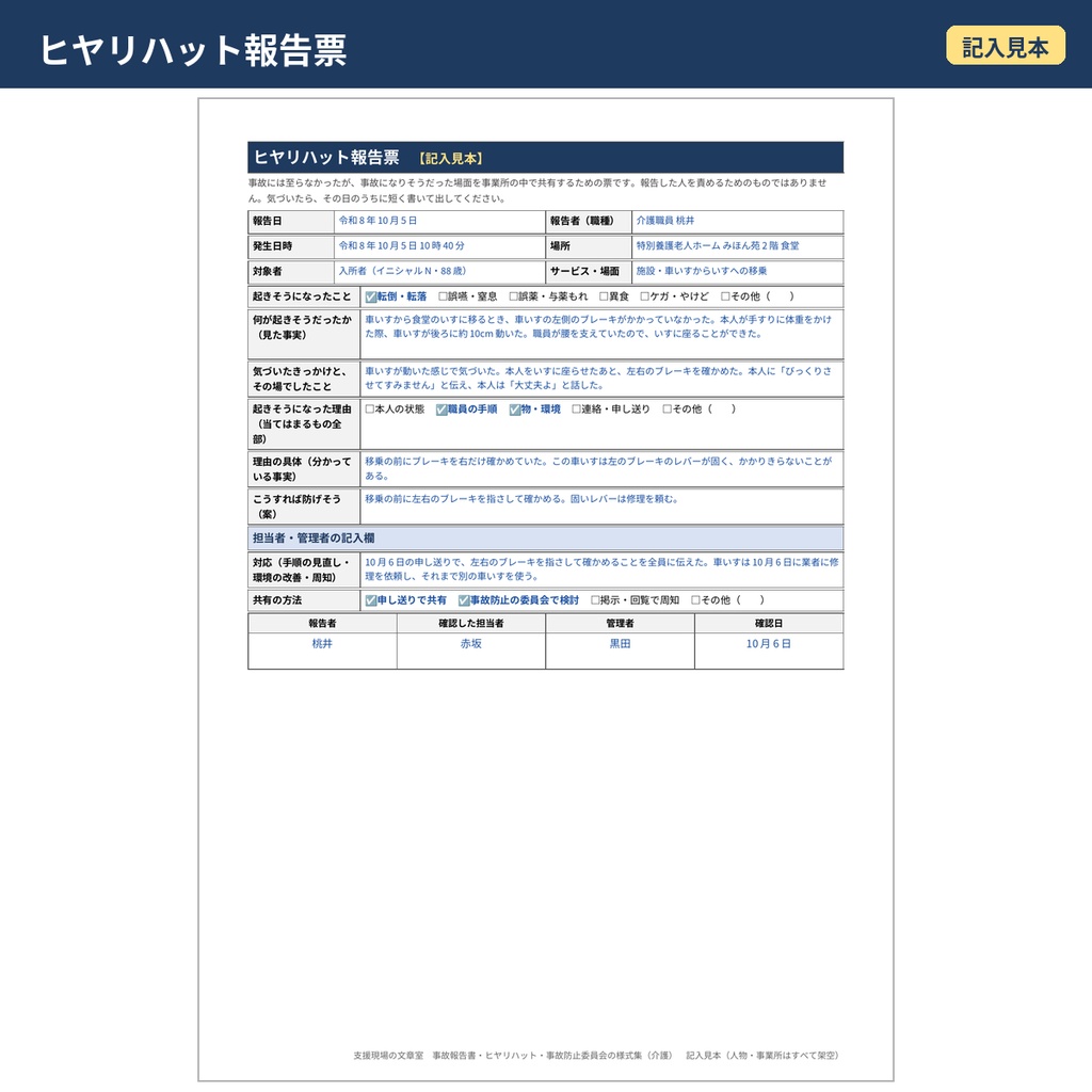【無料サンプル】【介護】事故報告書・ヒヤリハット報告票の記入見本と文例14本